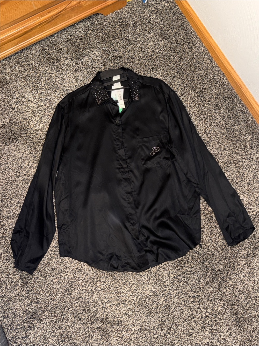 PINK Victoria's Secret Black Satin Lounge Pants with Studded Waistband